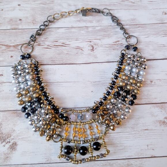 Anthropologie Pam Hiram Necklace Black & Gold Tone Glass Beaded Choker Bib - Picture 2 of 9